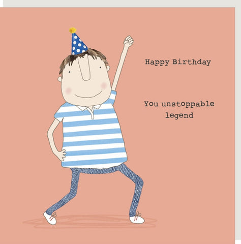 Unstoppable Legend Birthday Greeting Card from Rosie Made a Thing  A square birthday card featuring a hand-drawn cartoon man wearing a blue polka-dot party hat and a blue-and-white striped shirt, dancing against a peach background with the text 'Happy Birthday You unstoppable legend'.