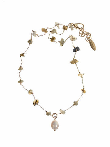Hot Tomato Pearl Charm with Stone Chip Chain Necklace in Worn Gold / Grey