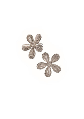 Hot Tomato Flower Studs Set with Crystals in Silver and Clear