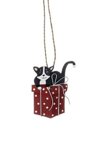 Shoeless Joe Black Cat on Red Gift Hanging Christmas Decoration