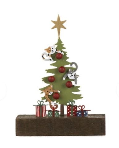 Shoeless Joe Cats in Tree on Wooden Block Christmas Decoration