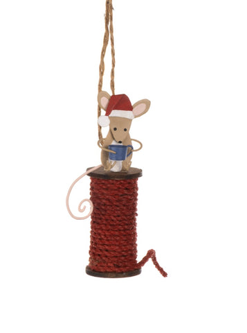 Shoeless Joe Hot Choc Mouse on a Bobbin Hanging Christmas Decoration