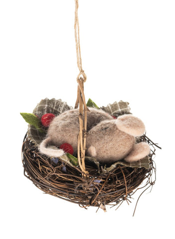 Shoeless Joe Nesting Mouse with Holly Hanging Christmas Decoration