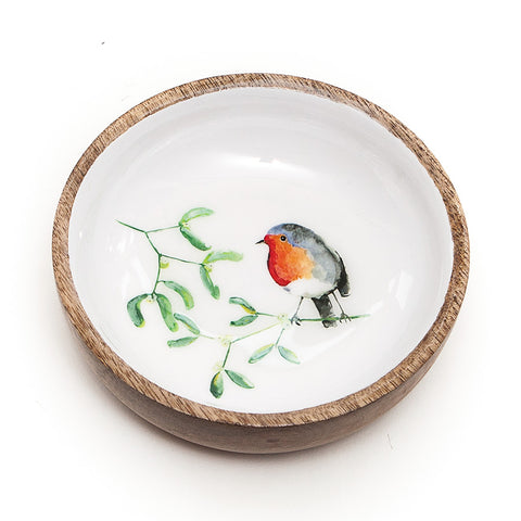 Shoeless Joe Mango Wood Robin and Mistletoe Nibbles Bowl