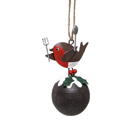 Robin on Christmas Pudding Hanging Christmas Decoration from Shoeless Joe