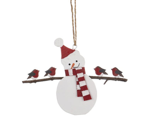 Shoeless Joe Snowman Holding Robins Hanging Decoration