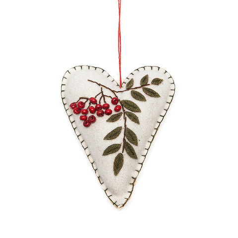 Shoeless Joe Felt Heart with Berries Hanging Christmas Decoration