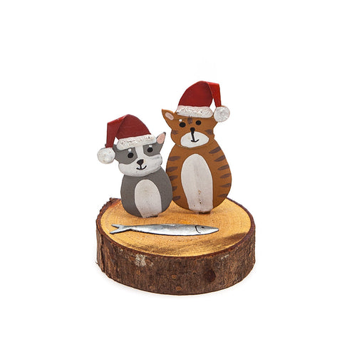 Shoeless Joe Festive Cats with Fish on Block