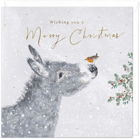 Snow Donkey with Robin Christmas Card