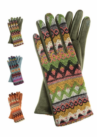 Hot Tomato Kaleidoscope Craft Stitch Sampler - Free-Size Poly Suede Gloves - Khaki/Multicolour