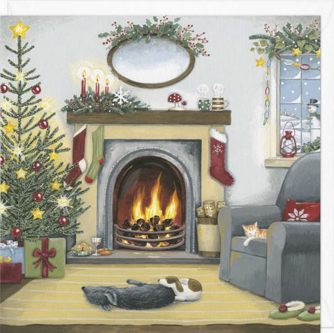 Puppies by the Fire Christmas Card 