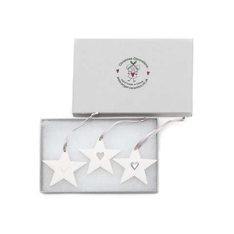 Angel Ceramics Set of Three Matt Stars with Hearts Hanging Decorations in Box