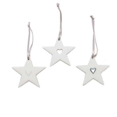 Angel Ceramics Set of Three Matt Stars with Hearts Hanging Decorations