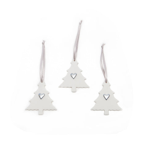 Angel Ceramics Set of Three Matt Trees with Silver Hearts Hanging Decorations