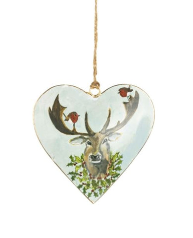 Shoeless Joe Heart with Stag and Robin Hanging Decoration