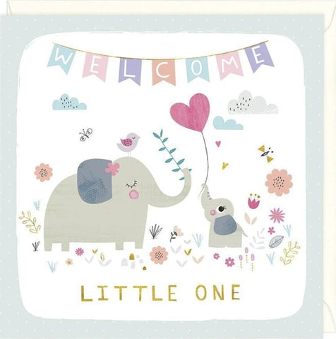 Whistlefish Welcome Little One Greeting Card with Mummy and baby elephants celebrating