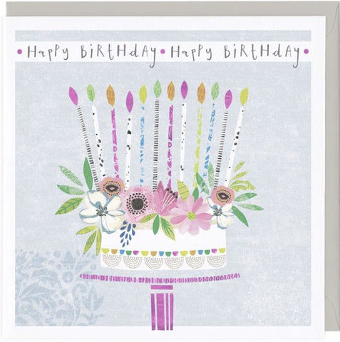 Happy Birthday Greetings Card with birthday cake and candles