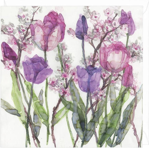Lilac Tulips and Pale Blossom Greeting Card