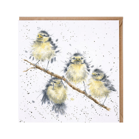 Hanging Out with Friends Greeting Card from Wrendale featuring four blue tits on a branch