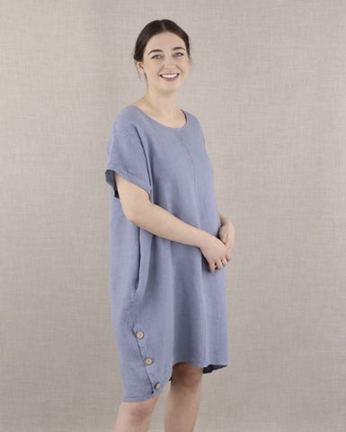 Cadenza Italian Linen Dress with Buttons in Sky Blue on model
