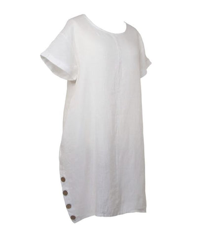 Cadenza Italian Linen Dress with Buttons in White