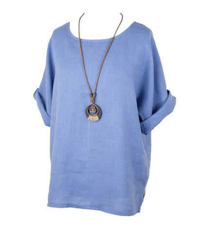 Cadenza Plain Linen Tunic and Necklace in Cornflower Blue
