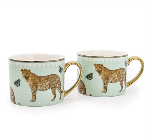 Set of 2 Leopard Pale Green Straight Sided Mugs from Candlelight