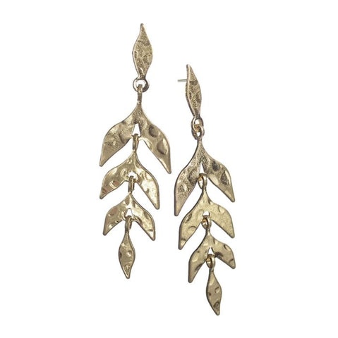 Hot Tomato Articulated Wisteria Leaf Drop Earrings in Worn Gold