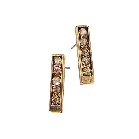 Hot Tomato Antique Gold Totem Studs with Five Champagne Crystals Earrings