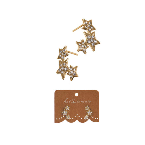 Hot Tomato Triptych Star Stud Earrings in Gold with Clear Crystals