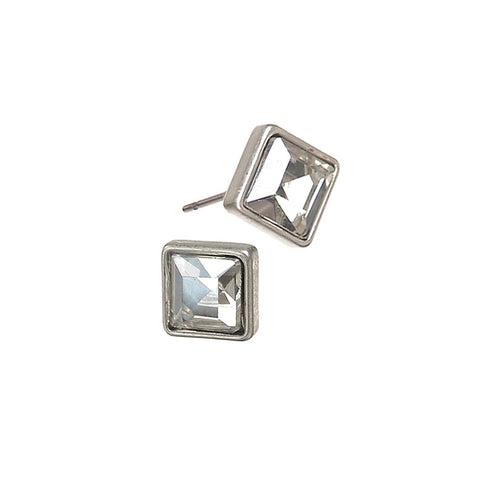 Hot Tomato Square Clear Crystal Stud Earrings in Worn Silver