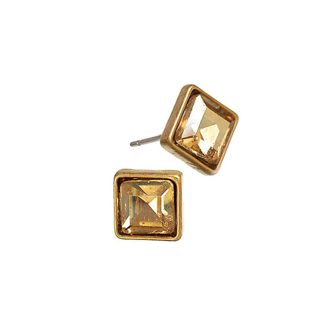 Hot Tomato Square Gold Crystal Stud Earrings in Worn Gold