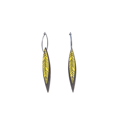 Lene Lundberg K Form Chartreuse and Black Thin Veined Long Leaf Earrings