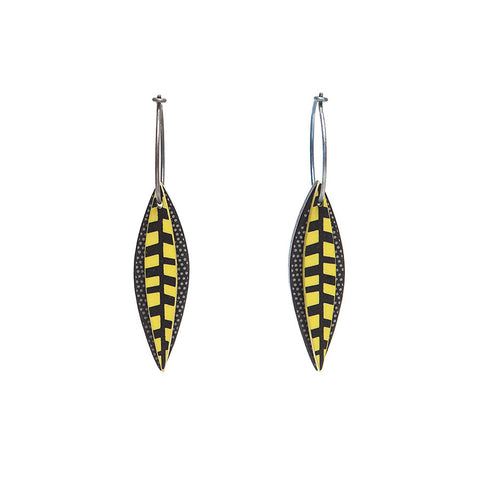 Lene Lundberg K Form ChartreuseBlack Thick Veined Long Leaf Earrings