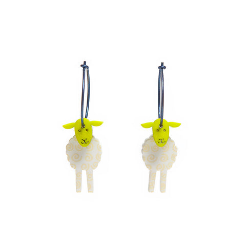 Lene Lundberg K Form White Sheep with Chartreuse Head Earrings