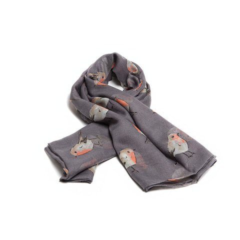 Grey Scarf with Watercolour Robins Design