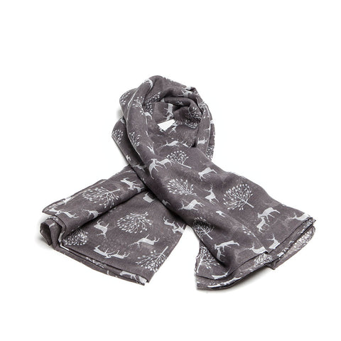 Grey Scarf with Delicate Deer and Tree Design