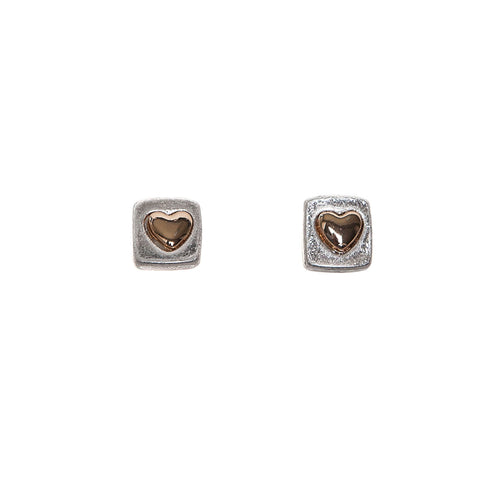 Pom Silver Finish Square Studs with Gold Hearts Earrings