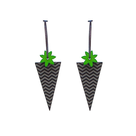 Lene Lundberg K Form Inverted Triangle and Green Flower Earrings