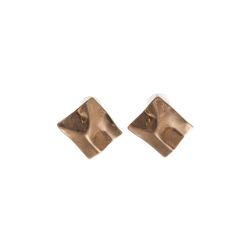 Hot Tomato Crumpled Squares in Worn Gold Stud Earrings