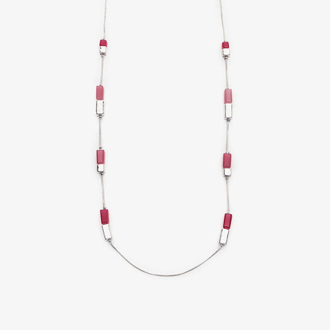 Long Silver Finish Adjustable Necklace with Pink/Silver Beads
