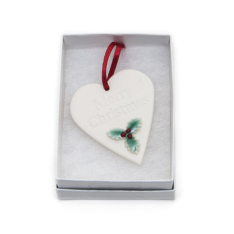 Angel Ceramics Matt Heart with Hand-Painted Holly Hanging Decoration