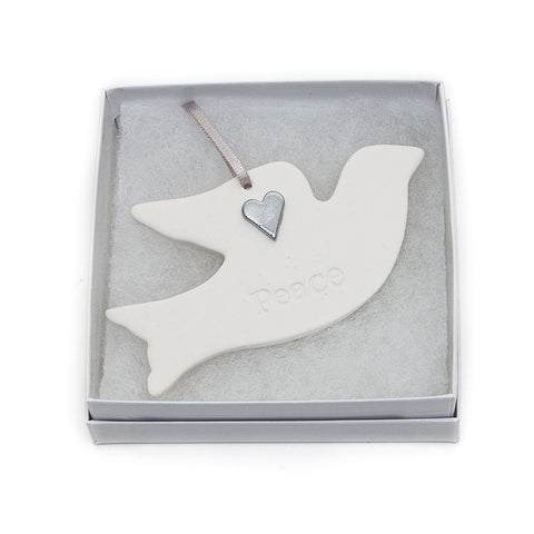 Angel Ceramics Matt Ceramic Dove with Silver Heart Hanging Decoration