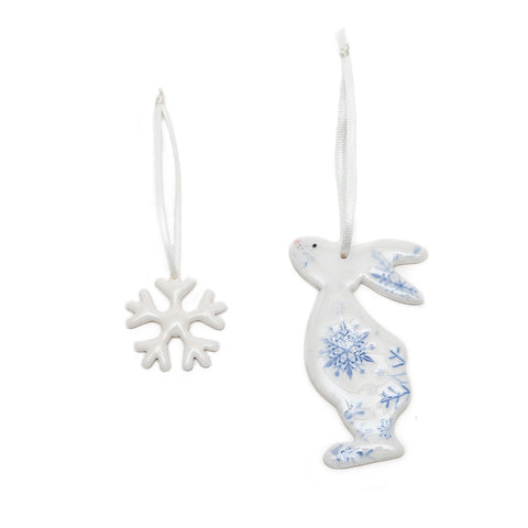 Angel Ceramics Glazed Ceramic Snow Bunny and Snowflake Hanging Decorations