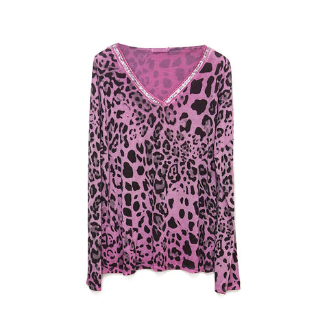 Fuchsia Animal Print Long Sleeve Fine Knit Top with Sequin Trim