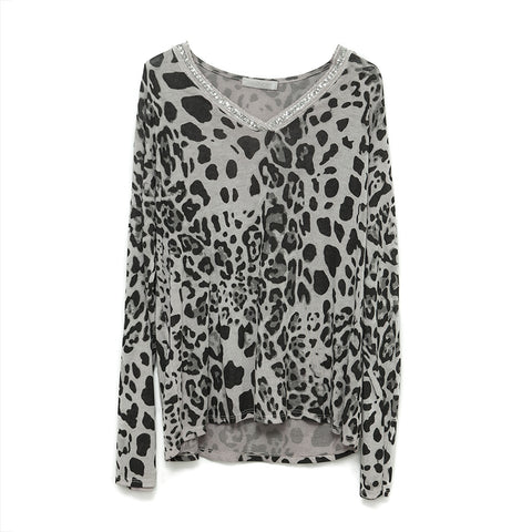Grey Animal Print Long Sleeve Fine Knit Top with Sequin Trim
