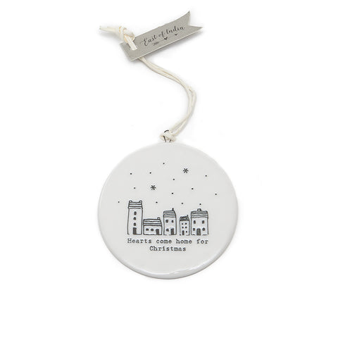 East of India 'Hearts Come Home for Christmas' Flat Ceramic Bauble