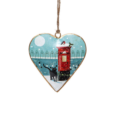 Shoeless Joe Hanging Tin Heart Decoration with Cat Robin and Post  Box