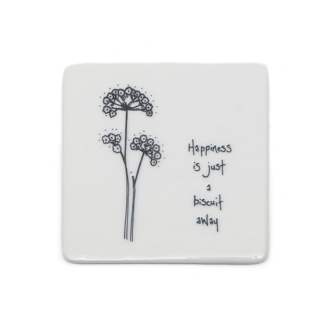 East of India Ceramic Floral Coaster 'Happiness is Just a Biscuit Away'