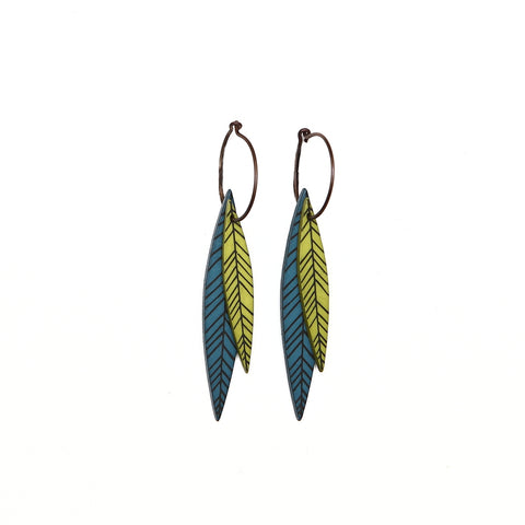 Lene Lundberg K-Form Teal and Chartreuse Long Leaf Earrings